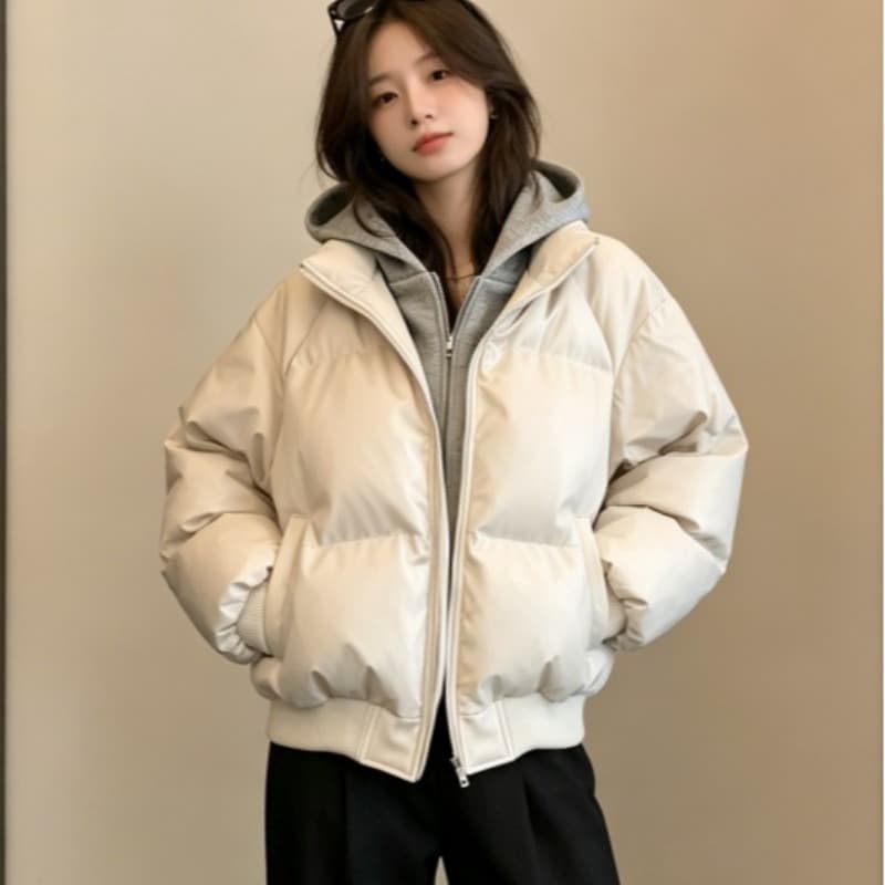 실사 패션 라운드 넥 여성 짧은 2026 겨울 새로운 캐주얼 루즈핏 빵 아래 면화 의류 맨위 재킷 트렌디 이미지 5
