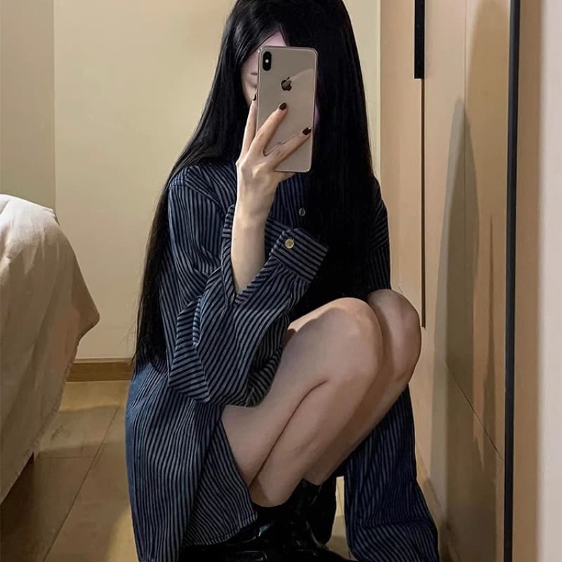 루즈핏 슬림해 보이는 POLO 칼라 스트라이프 여성 셔츠 작은 대중 디자인 센스 긴팔 다용도 고급 센스 품격 셔츠 이미지 5