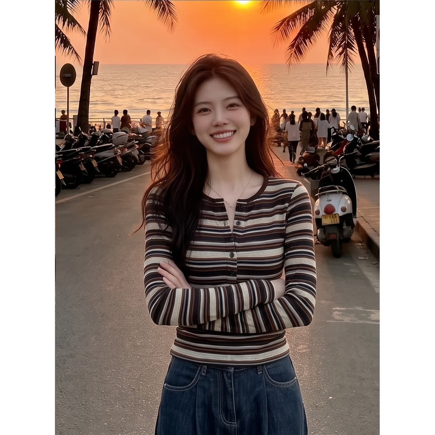 아메리칸 레트로 배색 스트라이프 반 개방 칼라 긴팔 티셔츠 여성 가을 새로운 몸매 가꾸기 슬림해 보이는 니트 맨위 이미지 3