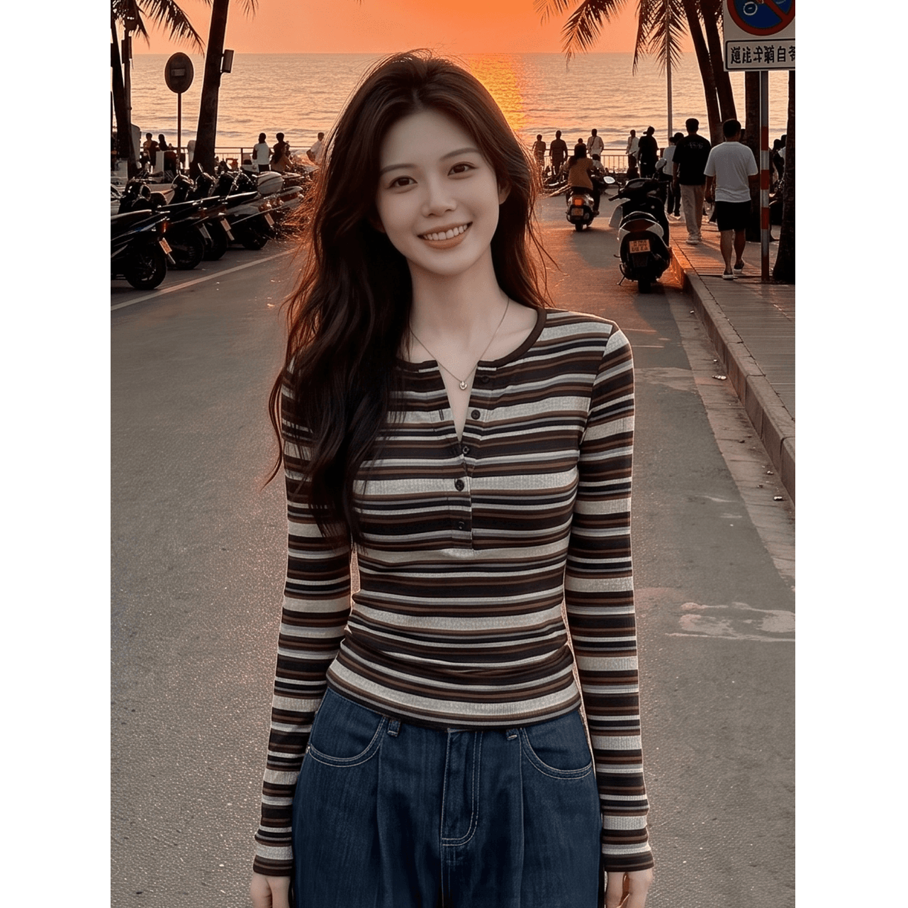 아메리칸 레트로 배색 스트라이프 반 개방 칼라 긴팔 티셔츠 여성 가을 새로운 몸매 가꾸기 슬림해 보이는 니트 맨위 이미지 5