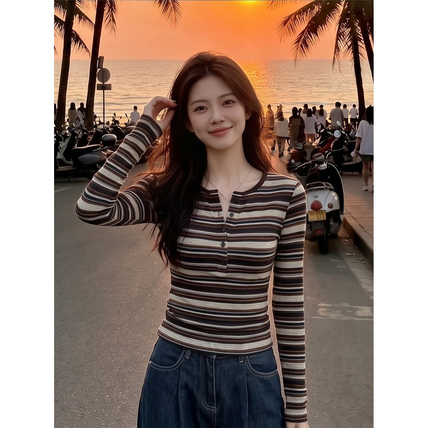 아메리칸 레트로 배색 스트라이프 반 개방 칼라 긴팔 티셔츠 여성 가을 새로운 몸매 가꾸기 슬림해 보이는 니트 맨위 이미지 2