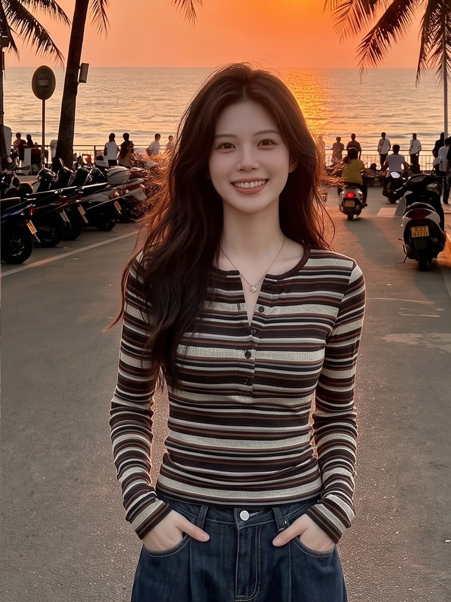 아메리칸 레트로 배색 스트라이프 반 개방 칼라 긴팔 티셔츠 여성 가을 새로운 몸매 가꾸기 슬림해 보이는 니트 맨위 상세 이미지 3