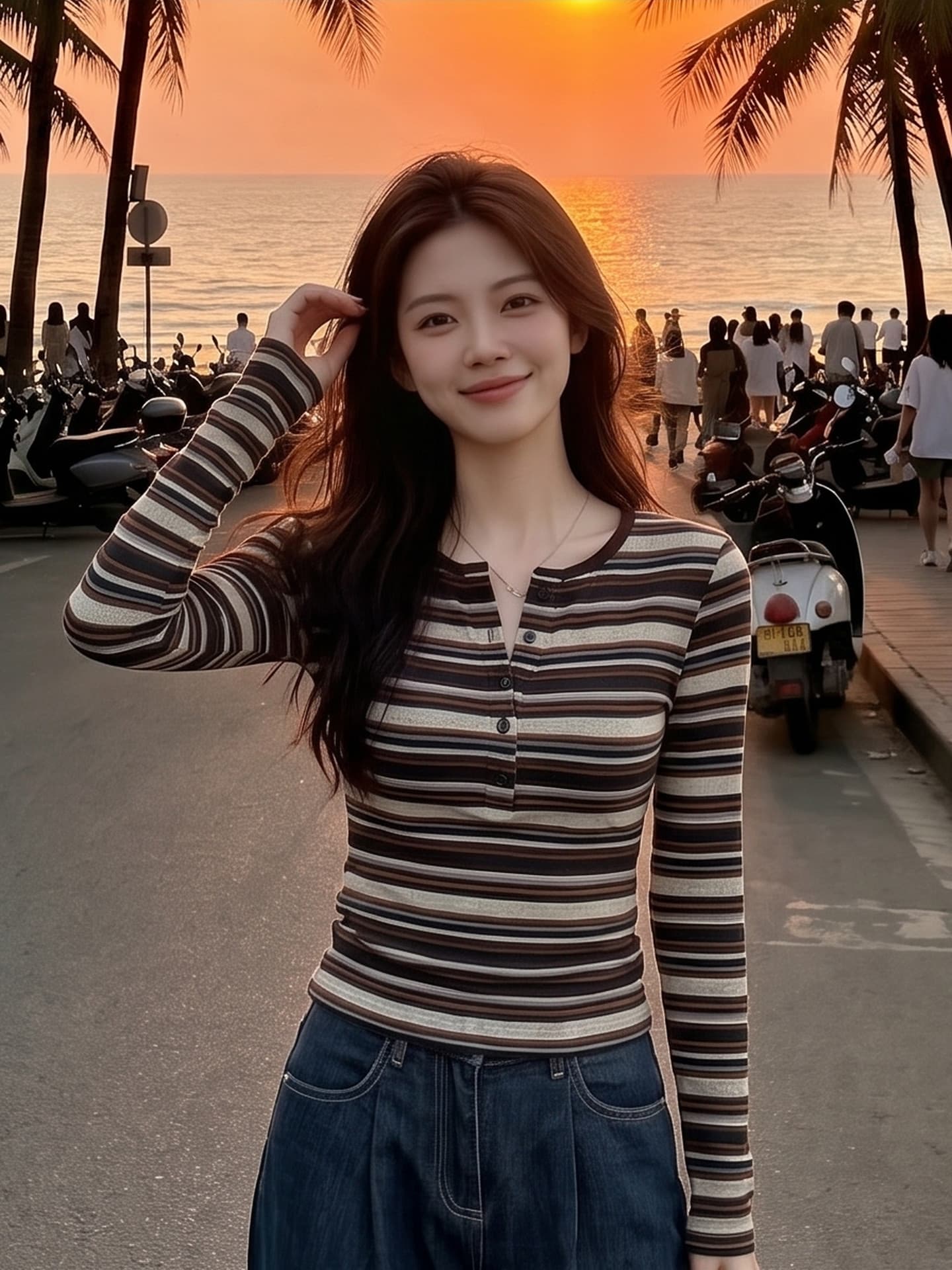 아메리칸 레트로 배색 스트라이프 반 개방 칼라 긴팔 티셔츠 여성 가을 새로운 몸매 가꾸기 슬림해 보이는 니트 맨위 상세 이미지 4