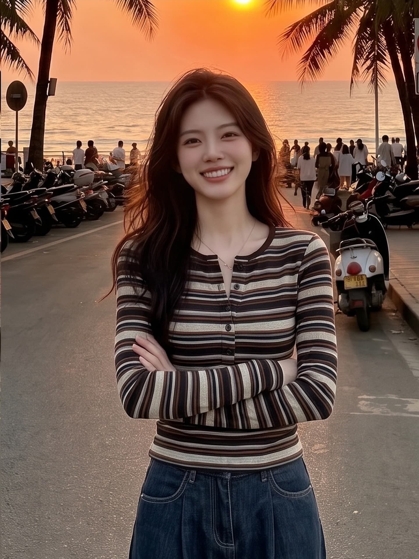아메리칸 레트로 배색 스트라이프 반 개방 칼라 긴팔 티셔츠 여성 가을 새로운 몸매 가꾸기 슬림해 보이는 니트 맨위 상세 이미지 5