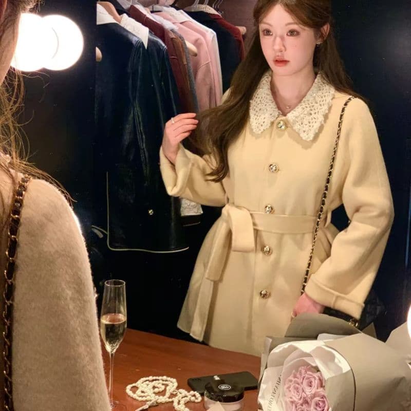 miu 부서 천 골드 센스 두꺼운 코트 여성 가을 겨울철 쇼트 스타일 레이스업 허리 수축 레이스 조각 폴로 칼라 모직 외투 이미지 5