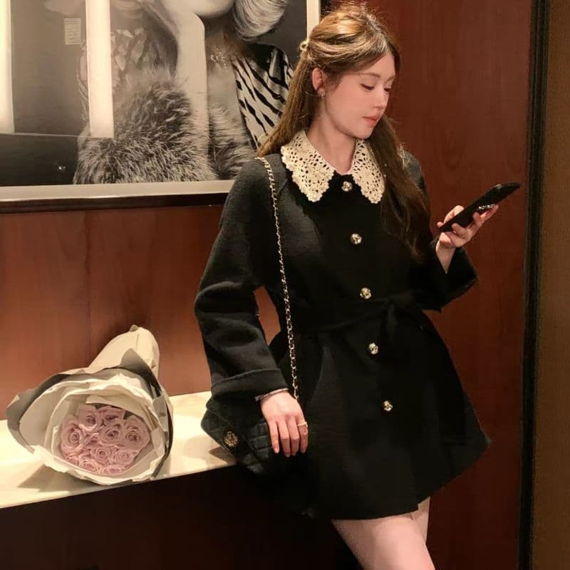 miu 부서 천 골드 센스 두꺼운 코트 여성 가을 겨울철 쇼트 스타일 레이스업 허리 수축 레이스 조각 폴로 칼라 모직 외투 이미지 3