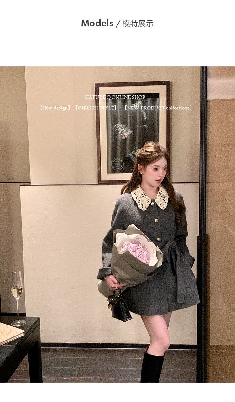 miu 부서 천 골드 센스 두꺼운 코트 여성 가을 겨울철 쇼트 스타일 레이스업 허리 수축 레이스 조각 폴로 칼라 모직 외투 상세 이미지 1