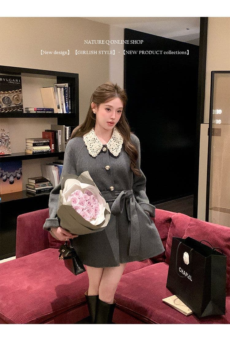 miu 부서 천 골드 센스 두꺼운 코트 여성 가을 겨울철 쇼트 스타일 레이스업 허리 수축 레이스 조각 폴로 칼라 모직 외투 상세 이미지 3
