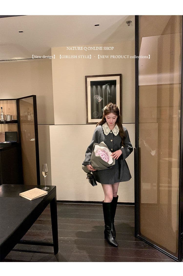 miu 부서 천 골드 센스 두꺼운 코트 여성 가을 겨울철 쇼트 스타일 레이스업 허리 수축 레이스 조각 폴로 칼라 모직 외투 상세 이미지 4