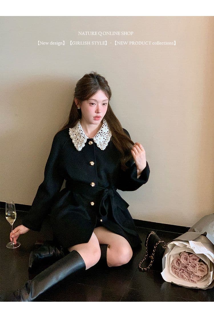 miu 부서 천 골드 센스 두꺼운 코트 여성 가을 겨울철 쇼트 스타일 레이스업 허리 수축 레이스 조각 폴로 칼라 모직 외투 상세 이미지 5