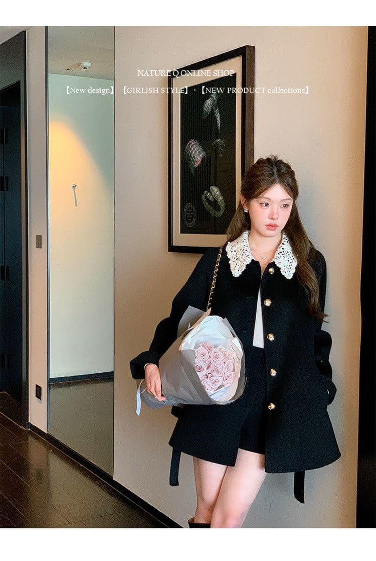 miu 부서 천 골드 센스 두꺼운 코트 여성 가을 겨울철 쇼트 스타일 레이스업 허리 수축 레이스 조각 폴로 칼라 모직 외투 상세 이미지 6