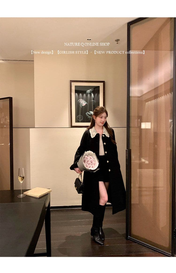 miu 부서 천 골드 센스 두꺼운 코트 여성 가을 겨울철 쇼트 스타일 레이스업 허리 수축 레이스 조각 폴로 칼라 모직 외투 상세 이미지 7