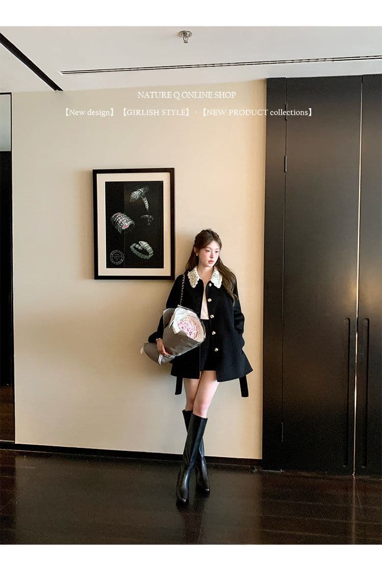 miu 부서 천 골드 센스 두꺼운 코트 여성 가을 겨울철 쇼트 스타일 레이스업 허리 수축 레이스 조각 폴로 칼라 모직 외투 상세 이미지 9