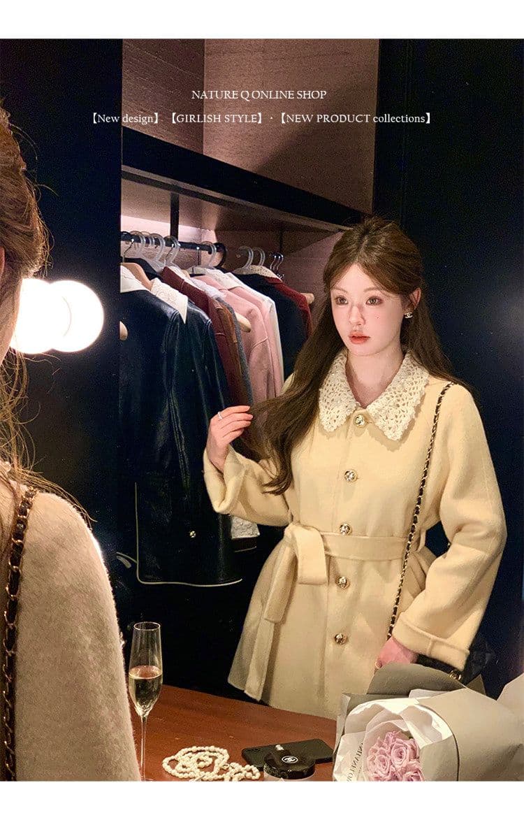 miu 부서 천 골드 센스 두꺼운 코트 여성 가을 겨울철 쇼트 스타일 레이스업 허리 수축 레이스 조각 폴로 칼라 모직 외투 상세 이미지 12