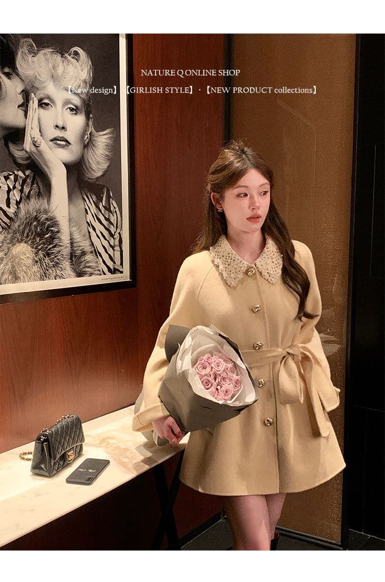 miu 부서 천 골드 센스 두꺼운 코트 여성 가을 겨울철 쇼트 스타일 레이스업 허리 수축 레이스 조각 폴로 칼라 모직 외투 상세 이미지 13