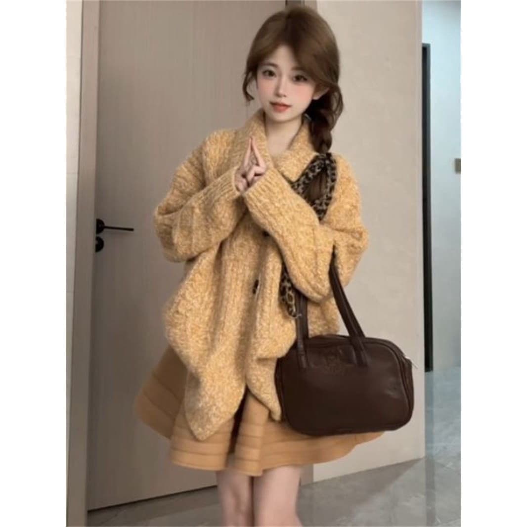 아름다움 라드. 느긋한 꽈배기 폴로 칼라 스웨터 여성 코트 가을 겨울 오래된 돈 바람 루즈핏 소뿔 버클 니트 부드러운 찹쌀 오픈 가디건