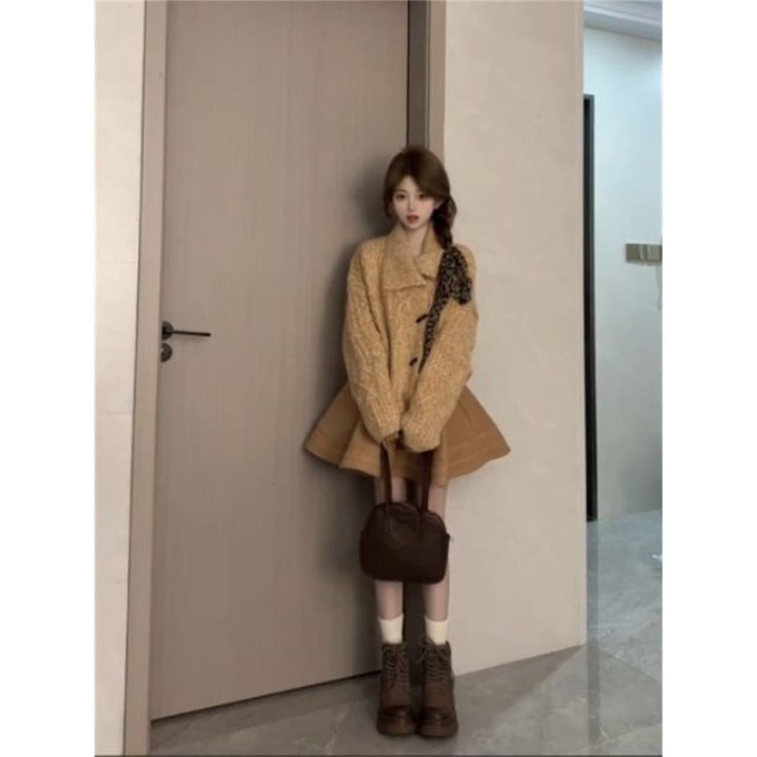 아름다움 라드. 느긋한 꽈배기 폴로 칼라 스웨터 여성 코트 가을 겨울 오래된 돈 바람 루즈핏 소뿔 버클 니트 부드러운 찹쌀 오픈 가디건 상세 이미지 1