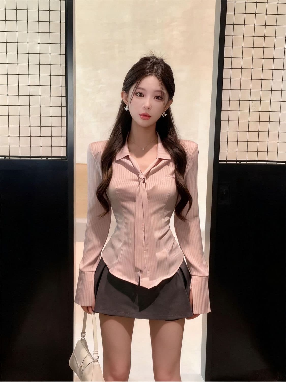 봄 가을 새로운 핑크색 셔츠 다용도 디자인 센스 Chic 작은 대중 핑크색 긴팔 스트라이프 셔츠 맨위 여성 이미지 2