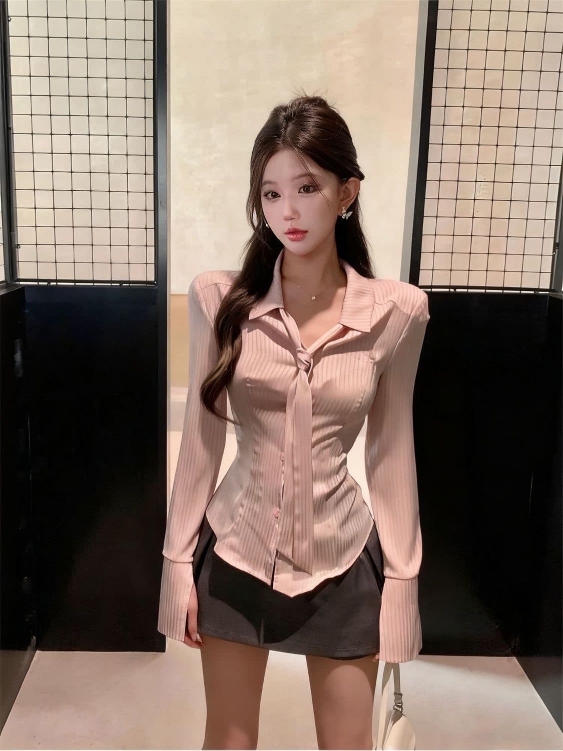 봄 가을 새로운 핑크색 셔츠 다용도 디자인 센스 Chic 작은 대중 핑크색 긴팔 스트라이프 셔츠 맨위 여성 이미지 3