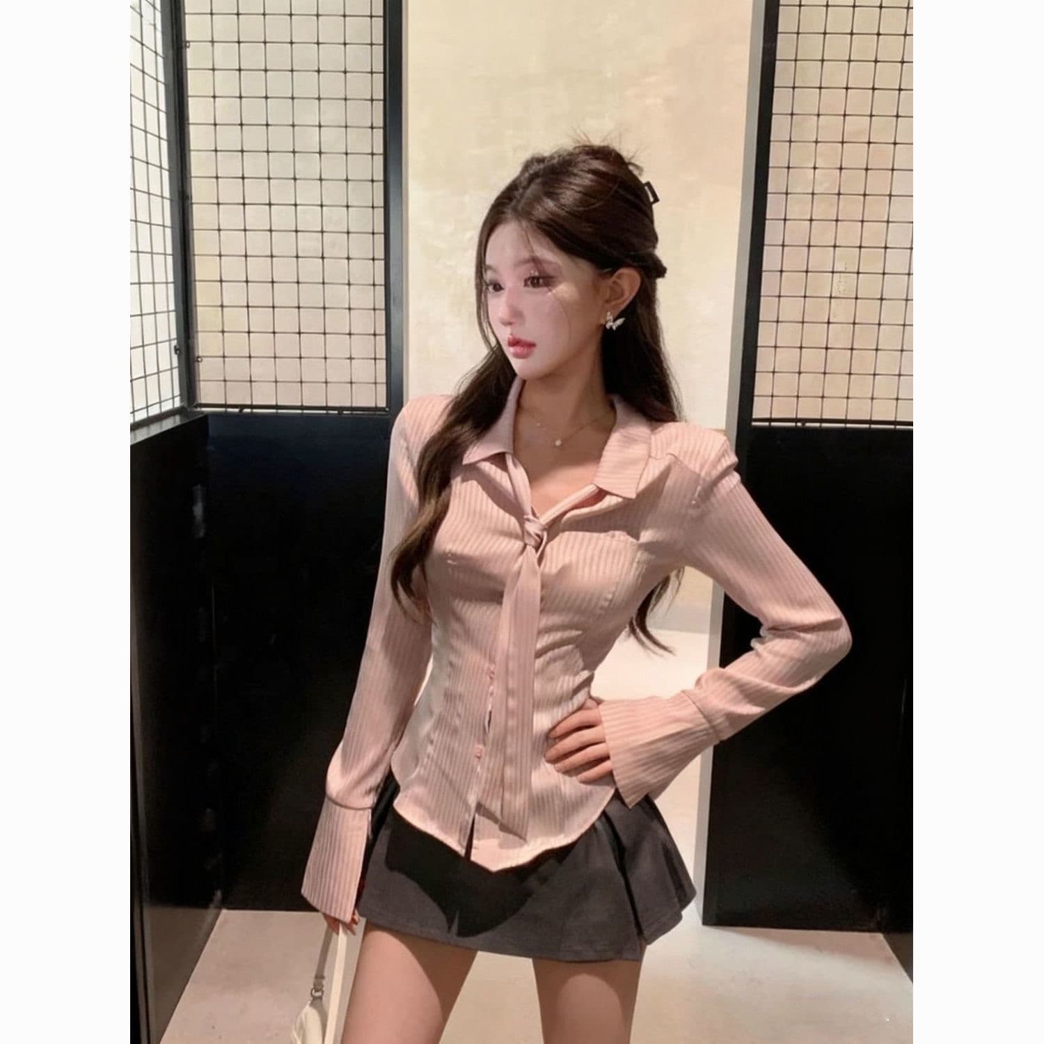 봄 가을 새로운 핑크색 셔츠 다용도 디자인 센스 Chic 작은 대중 핑크색 긴팔 스트라이프 셔츠 맨위 여성 상세 이미지 1