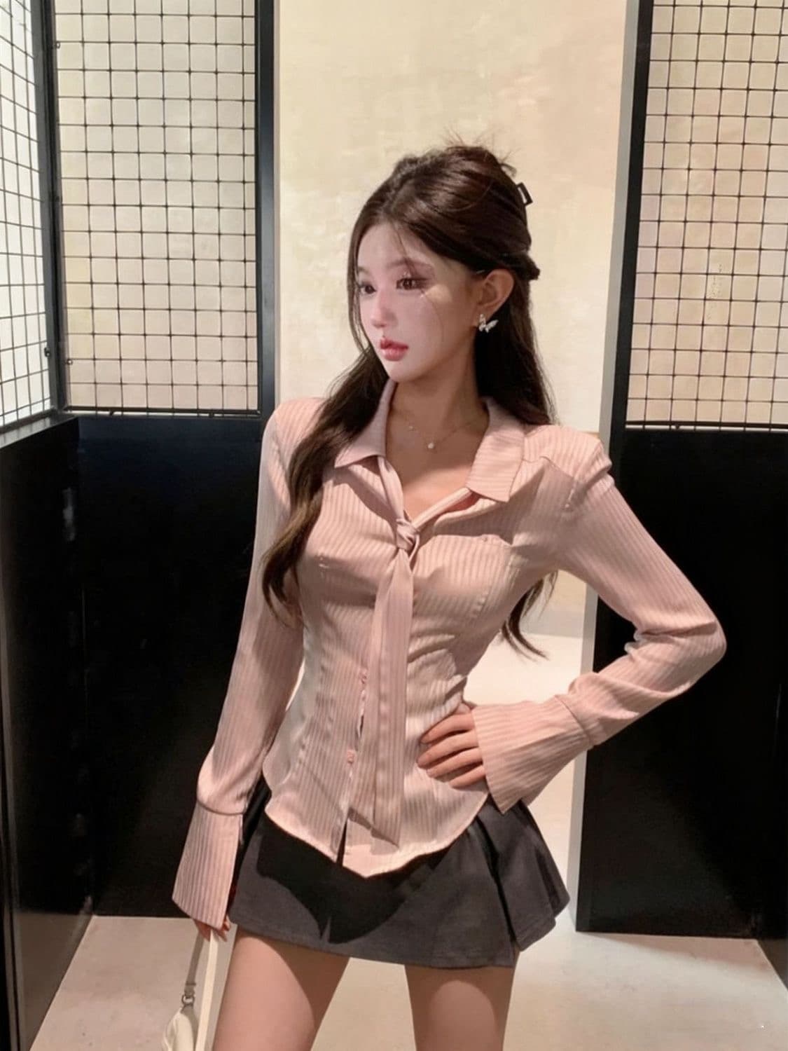 봄 가을 새로운 핑크색 셔츠 다용도 디자인 센스 Chic 작은 대중 핑크색 긴팔 스트라이프 셔츠 맨위 여성 상세 이미지 4