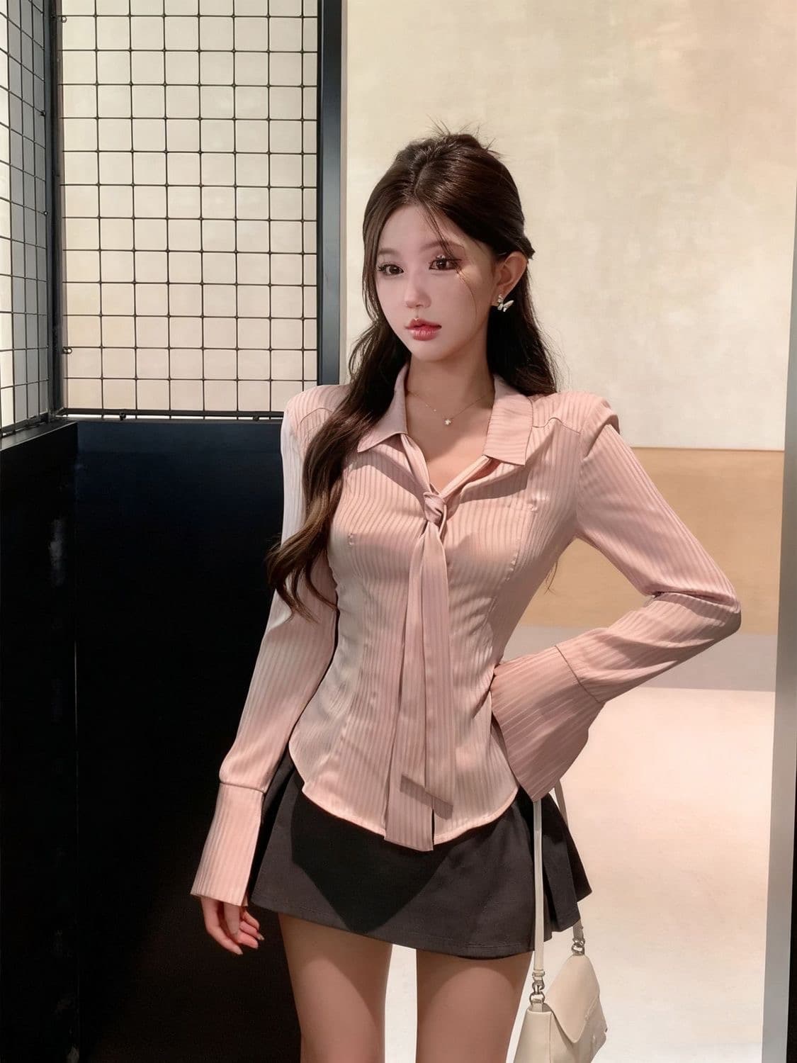 봄 가을 새로운 핑크색 셔츠 다용도 디자인 센스 Chic 작은 대중 핑크색 긴팔 스트라이프 셔츠 맨위 여성 상세 이미지 6