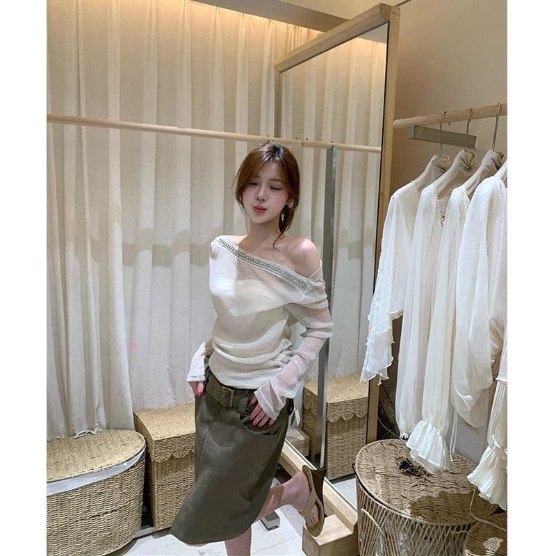 한 부서 망사 다이아몬드 세팅 비스듬한 어깨 긴팔 여성 이른 가을 인사이드 가져 가라. 디자인 센스 순수한 욕망 오프숄더 아름다운 맨위 패션 폭발 이미지 2