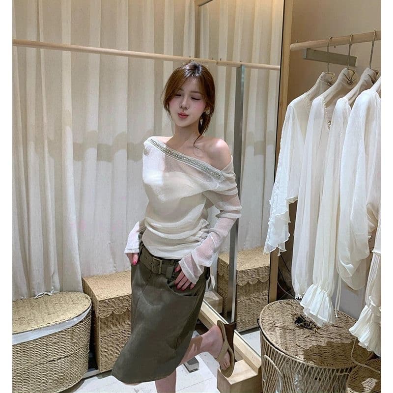 한 부서 망사 다이아몬드 세팅 비스듬한 어깨 긴팔 여성 이른 가을 인사이드 가져 가라. 디자인 센스 순수한 욕망 오프숄더 아름다운 맨위 패션 폭발 상세 이미지 3