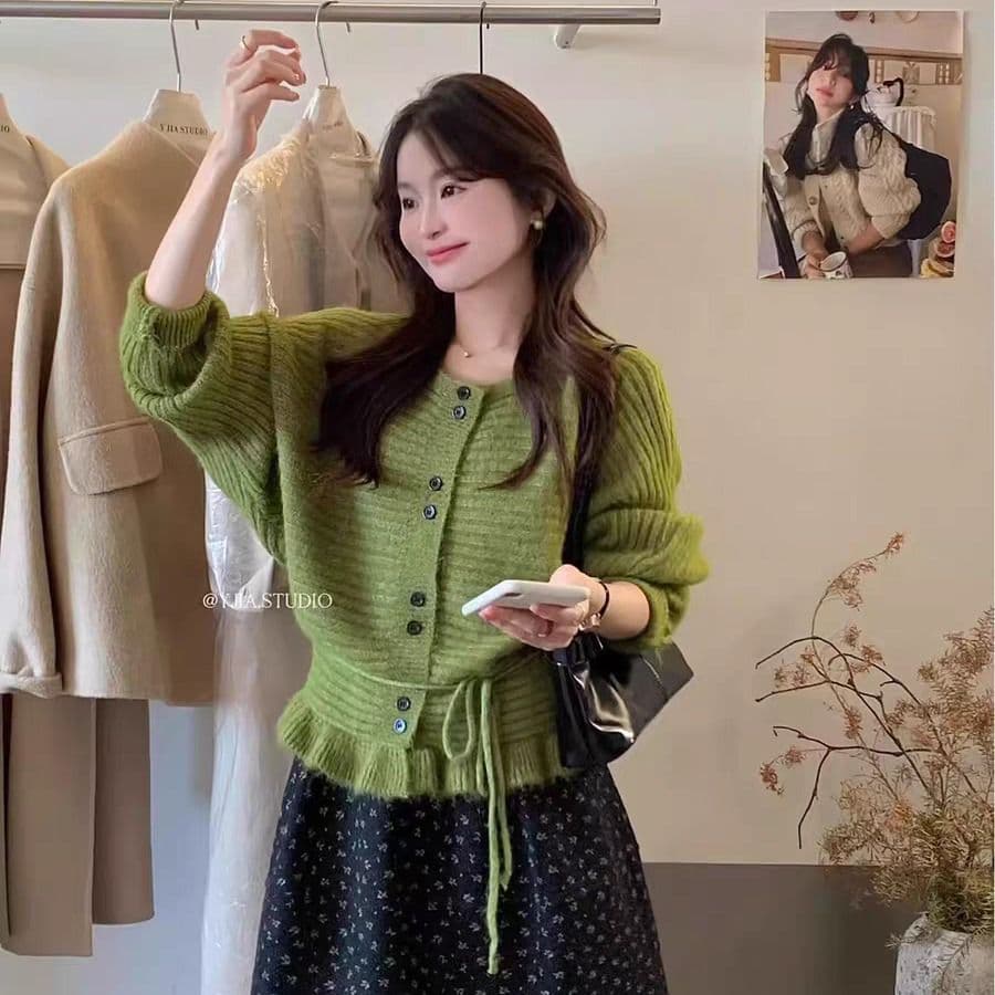 부드러운 바람 라운드 넥 허리 수축 프릴 밑단 니트 스웨터 여성 짧은 작은 키 달콤함 디자인 센스 풀오버 이미지 4