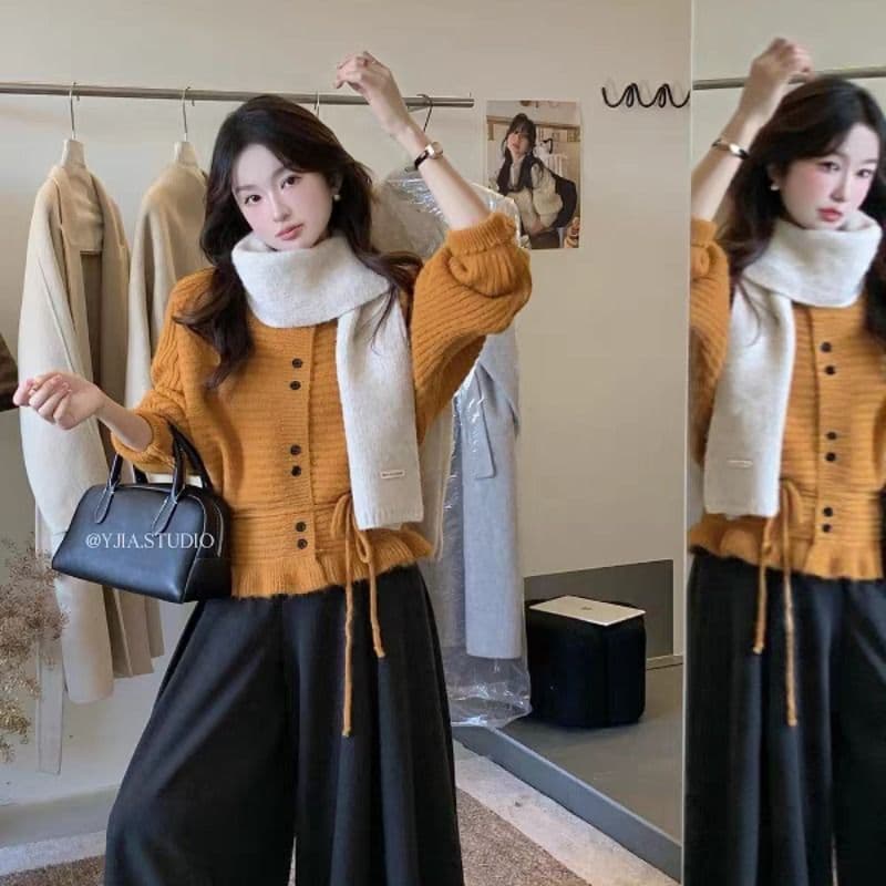 부드러운 바람 라운드 넥 허리 수축 프릴 밑단 니트 스웨터 여성 짧은 작은 키 달콤함 디자인 센스 풀오버 이미지 2