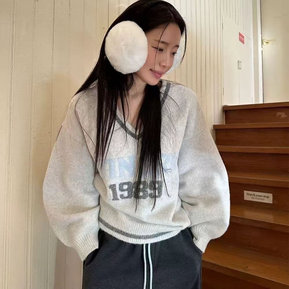 아메리칸 레트로 학원 스타일 숫자 자카드 스웨터 여자 백화 플러시 워싱 가을 겨울 루즈핏 풀오버 니트 스웨터 이미지 2