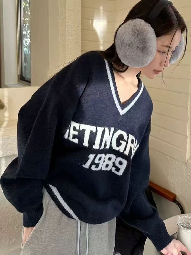 아메리칸 레트로 학원 스타일 숫자 자카드 스웨터 여자 백화 플러시 워싱 가을 겨울 루즈핏 풀오버 니트 스웨터 상세 이미지 1