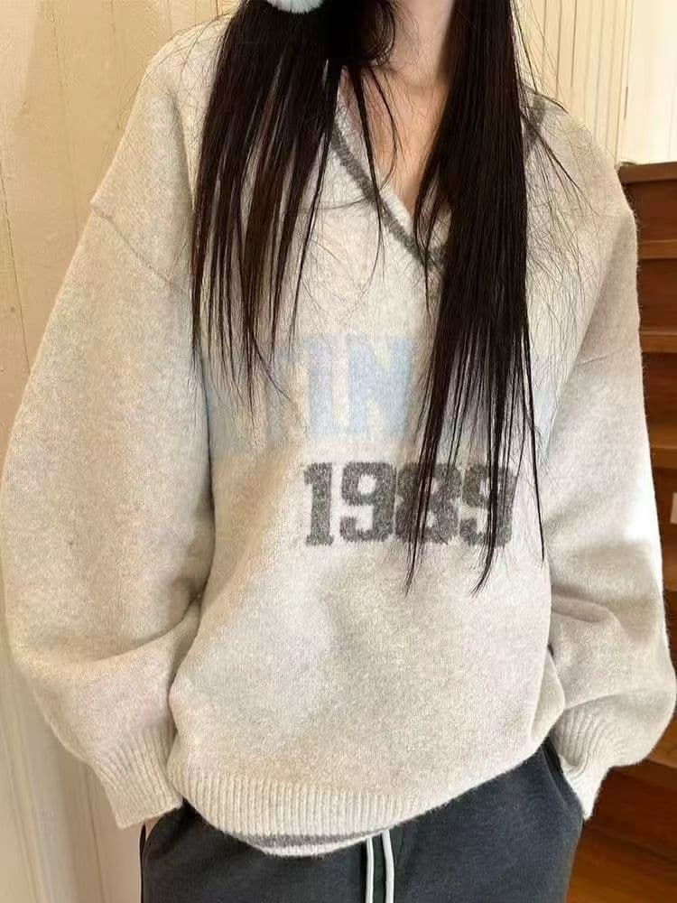 아메리칸 레트로 학원 스타일 숫자 자카드 스웨터 여자 백화 플러시 워싱 가을 겨울 루즈핏 풀오버 니트 스웨터 상세 이미지 4