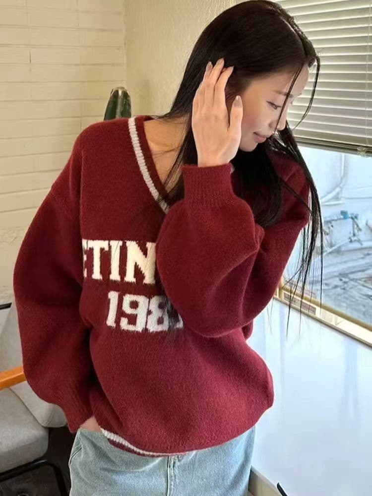 아메리칸 레트로 학원 스타일 숫자 자카드 스웨터 여자 백화 플러시 워싱 가을 겨울 루즈핏 풀오버 니트 스웨터 상세 이미지 5