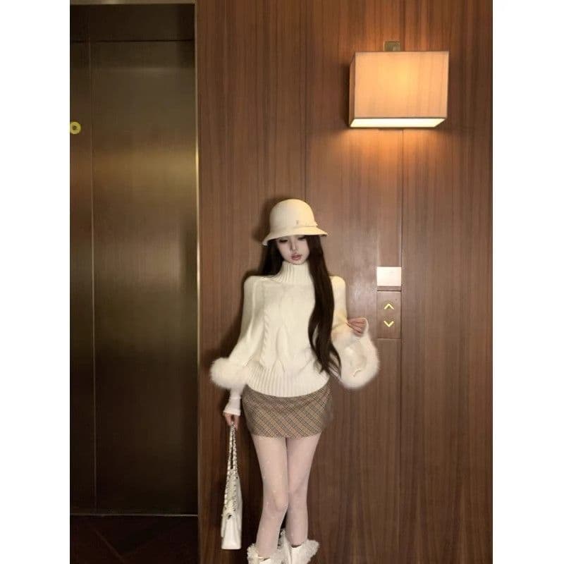 카키 색 커프스 여우털 터틀넥 풀오버 스웨터 여자 가을 루즈핏 꽈배기 니트 스웨터 느긋한 긴팔 맨위 이미지 2