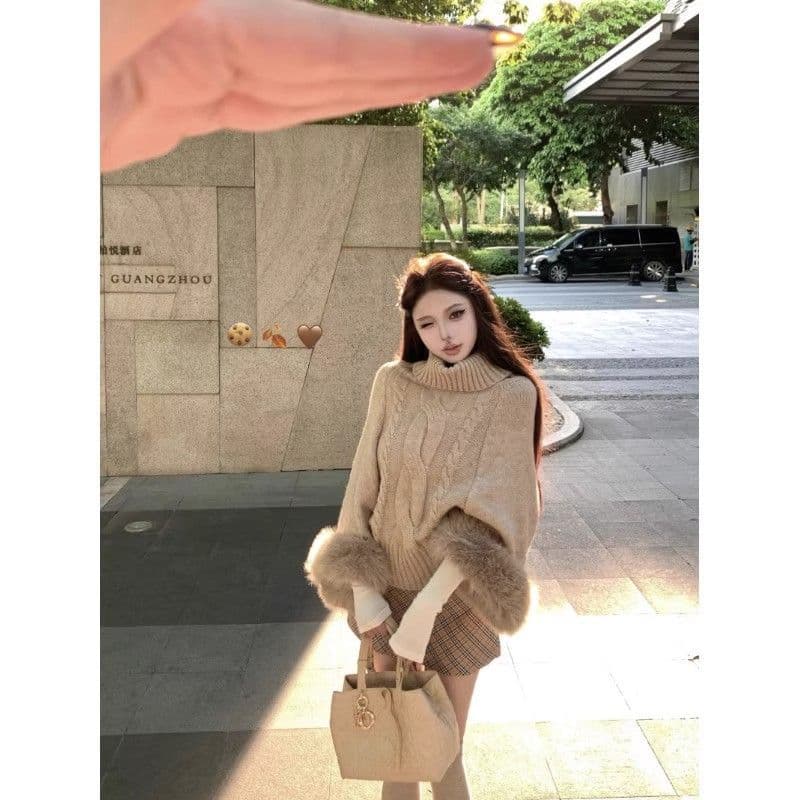 카키 색 커프스 여우털 터틀넥 풀오버 스웨터 여자 가을 루즈핏 꽈배기 니트 스웨터 느긋한 긴팔 맨위 이미지 4