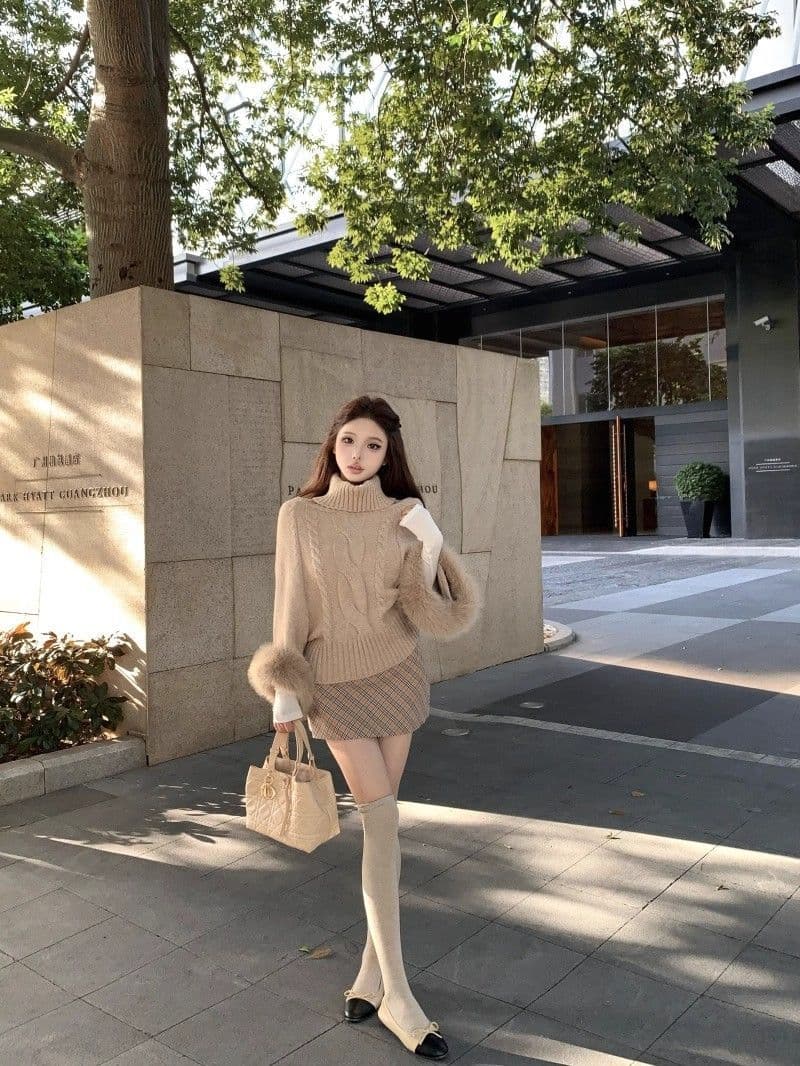 카키 색 커프스 여우털 터틀넥 풀오버 스웨터 여자 가을 루즈핏 꽈배기 니트 스웨터 느긋한 긴팔 맨위 상세 이미지 1