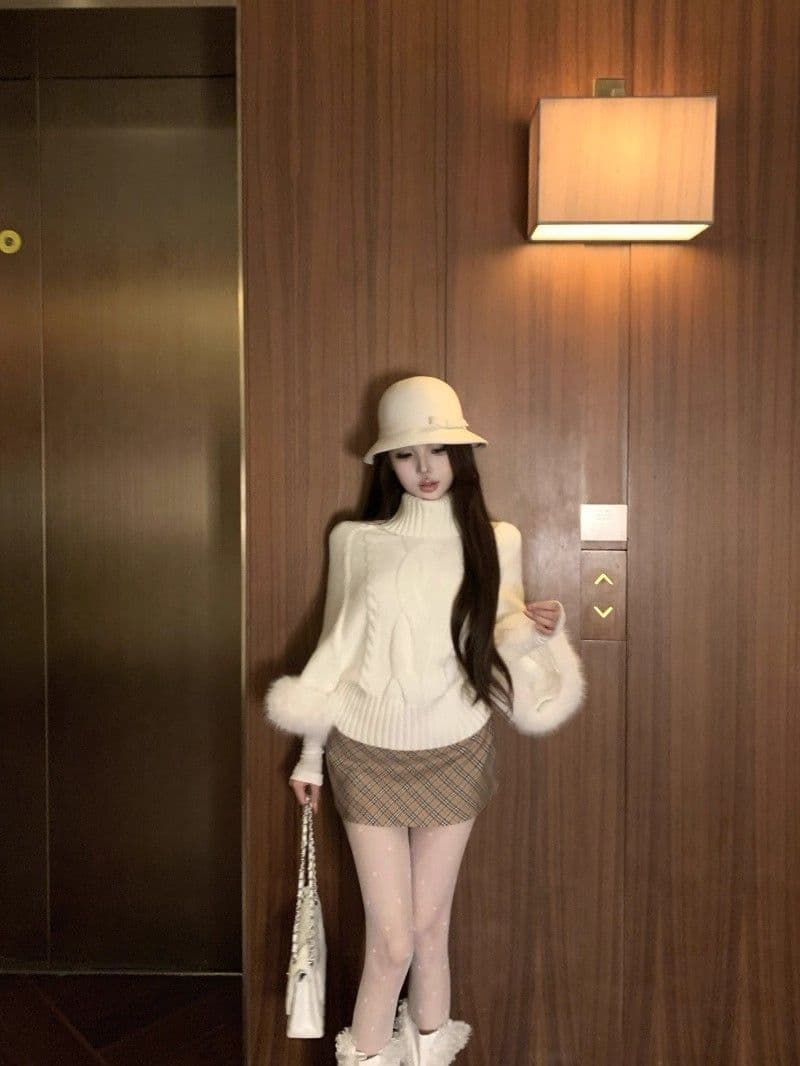 카키 색 커프스 여우털 터틀넥 풀오버 스웨터 여자 가을 루즈핏 꽈배기 니트 스웨터 느긋한 긴팔 맨위 상세 이미지 2