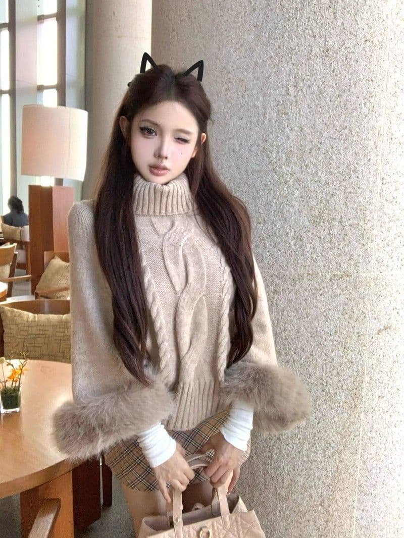 카키 색 커프스 여우털 터틀넥 풀오버 스웨터 여자 가을 루즈핏 꽈배기 니트 스웨터 느긋한 긴팔 맨위 상세 이미지 4