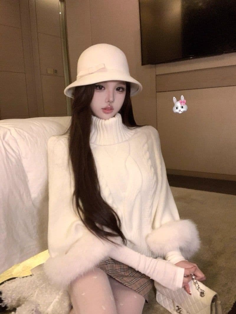카키 색 커프스 여우털 터틀넥 풀오버 스웨터 여자 가을 루즈핏 꽈배기 니트 스웨터 느긋한 긴팔 맨위 상세 이미지 6