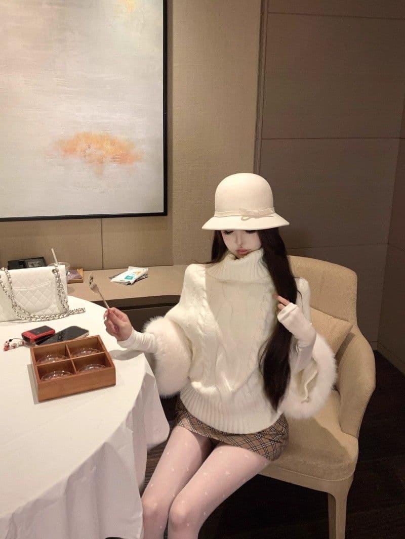 카키 색 커프스 여우털 터틀넥 풀오버 스웨터 여자 가을 루즈핏 꽈배기 니트 스웨터 느긋한 긴팔 맨위 상세 이미지 8