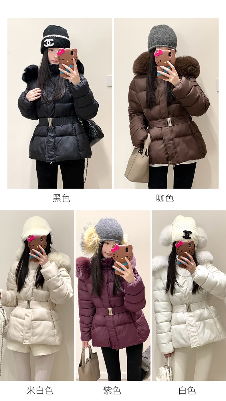 실사 한국 대외 무역 부드러운 바람 모피 칼라 허리 수축 패딩 재킷 다운 코트 겨울 재킷 두꺼움 목화 진딧물 여성 상세 이미지 8