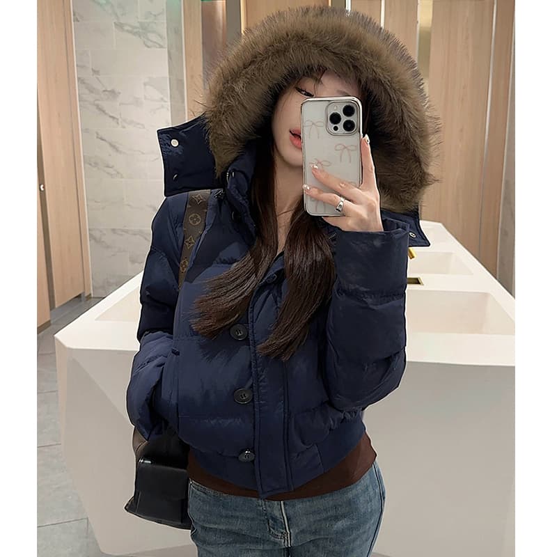 실사 겨울 새로운 다용도 큰 모피 칼라 후드 다운 재킷 여성 짧은 다용도 보온 두꺼운 면 옷 재킷 이미지 3