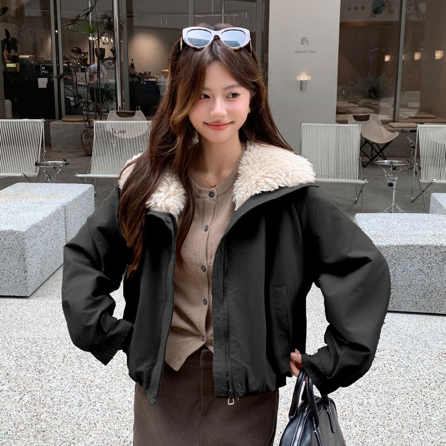 실사 한 부서 달콤함 맨위 2026 새로운 겨울 모방 양털 폴로 칼라 패치워크 피모 하나 여성 코트 이미지 2
