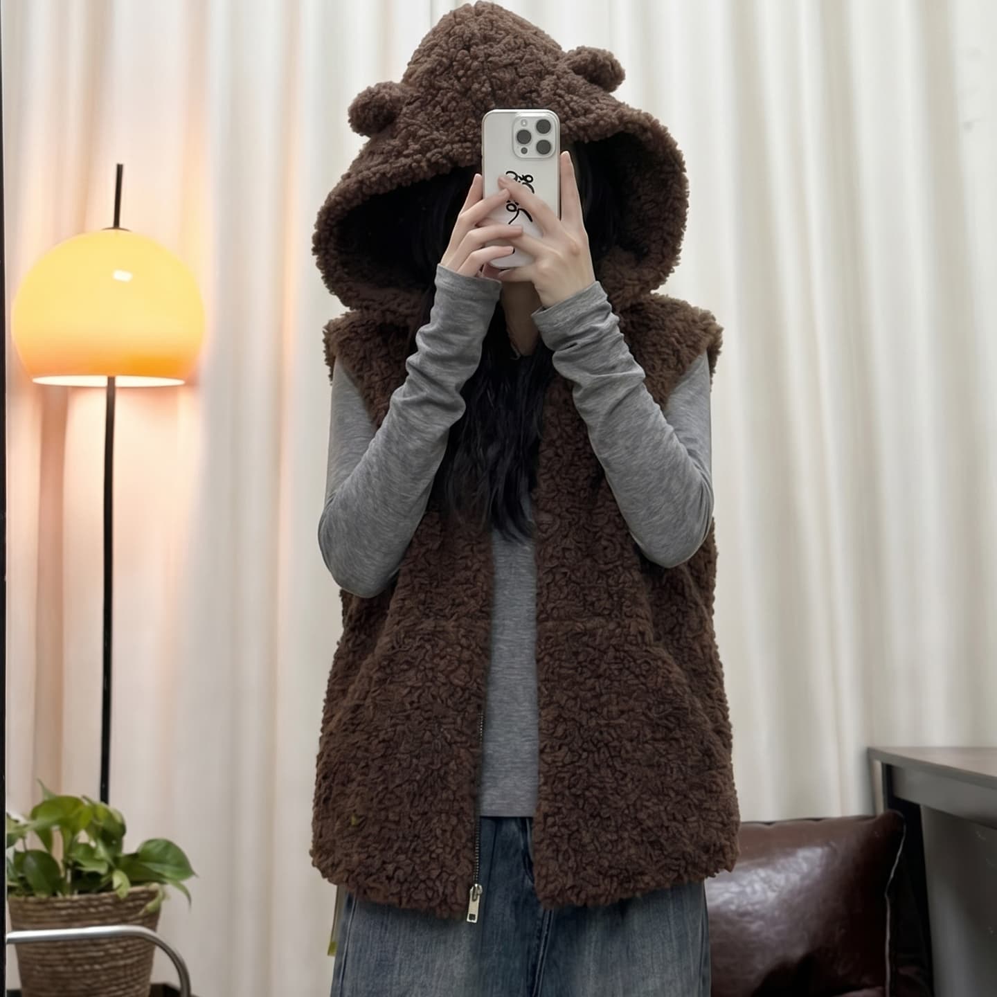토끼 귀 후드 가을 겨울 새로운 양털 피모 하나 한 부서 루즈핏 민소매 조끼 조끼 여성 재킷 이미지 2