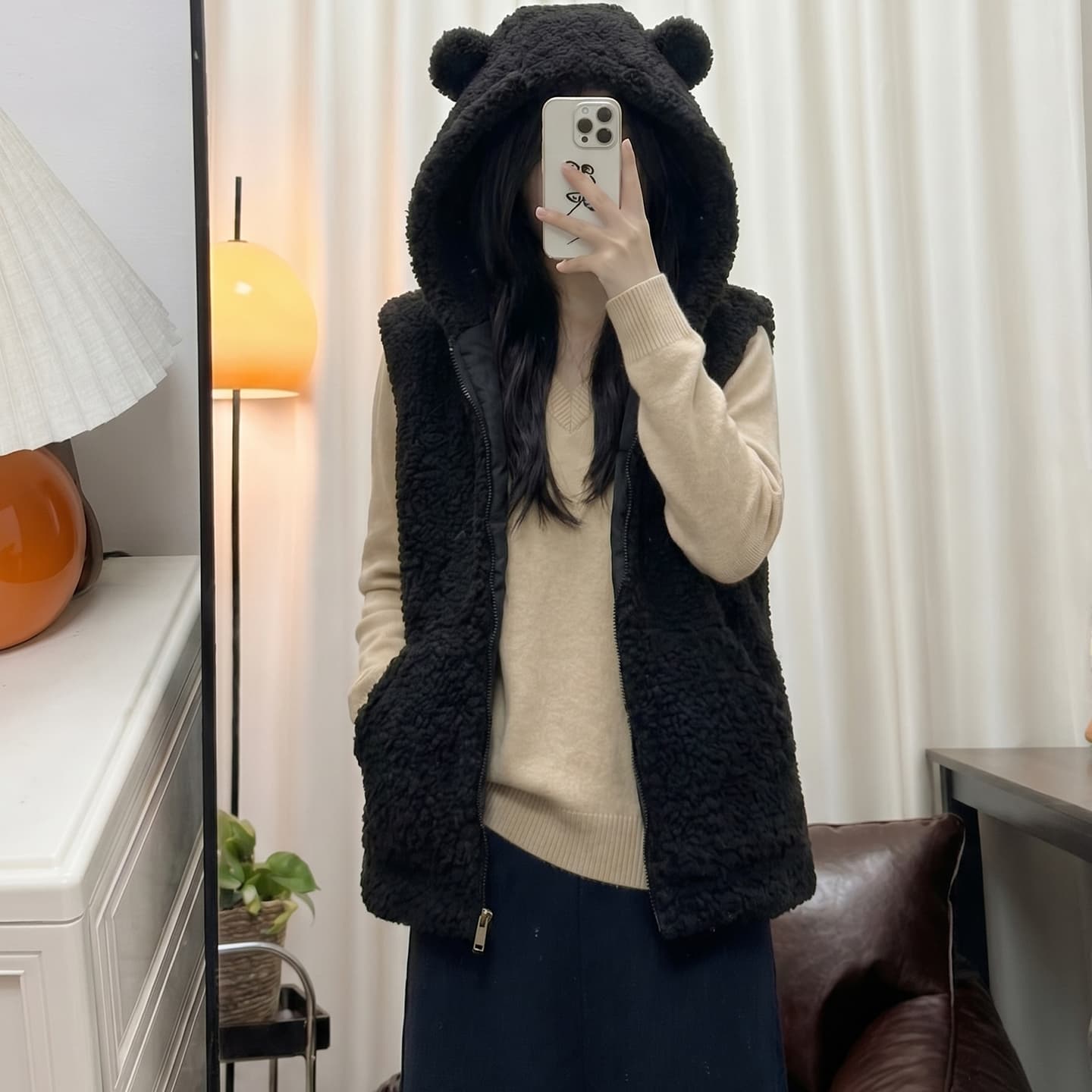 토끼 귀 후드 가을 겨울 새로운 양털 피모 하나 한 부서 루즈핏 민소매 조끼 조끼 여성 재킷 이미지 3