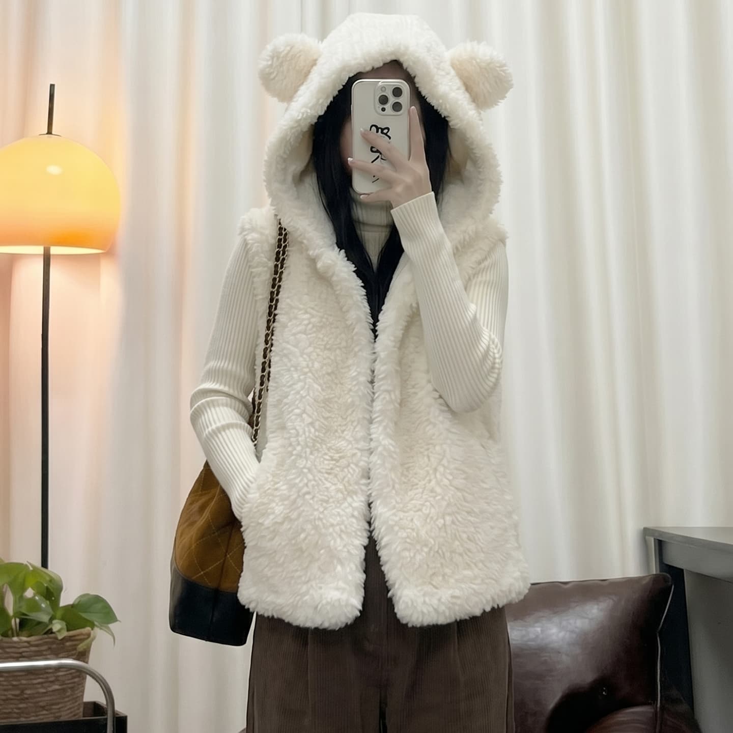 토끼 귀 후드 가을 겨울 새로운 양털 피모 하나 한 부서 루즈핏 민소매 조끼 조끼 여성 재킷 이미지 4