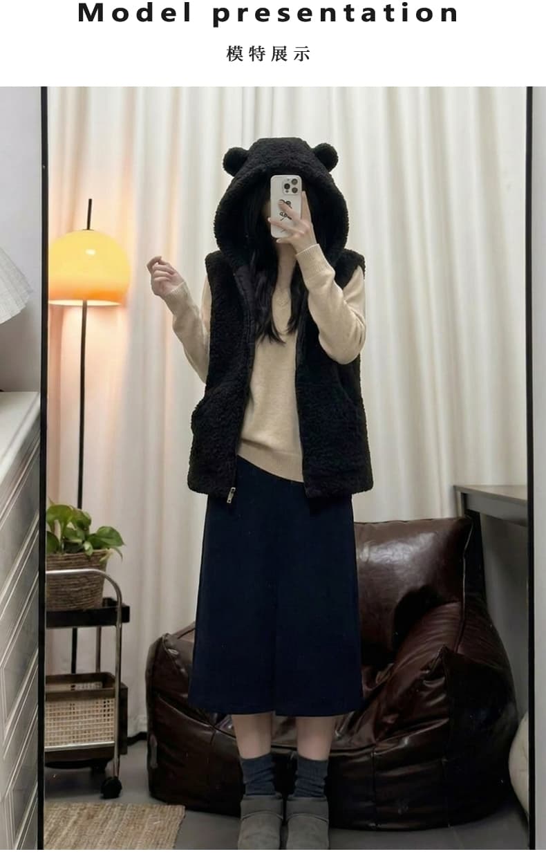 토끼 귀 후드 가을 겨울 새로운 양털 피모 하나 한 부서 루즈핏 민소매 조끼 조끼 여성 재킷 상세 이미지 11