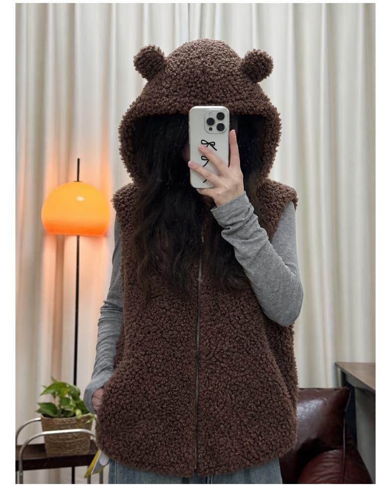 토끼 귀 후드 가을 겨울 새로운 양털 피모 하나 한 부서 루즈핏 민소매 조끼 조끼 여성 재킷 상세 이미지 12