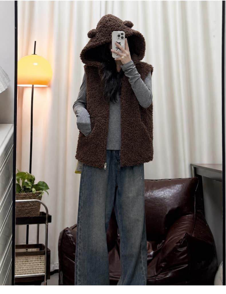 토끼 귀 후드 가을 겨울 새로운 양털 피모 하나 한 부서 루즈핏 민소매 조끼 조끼 여성 재킷 상세 이미지 13